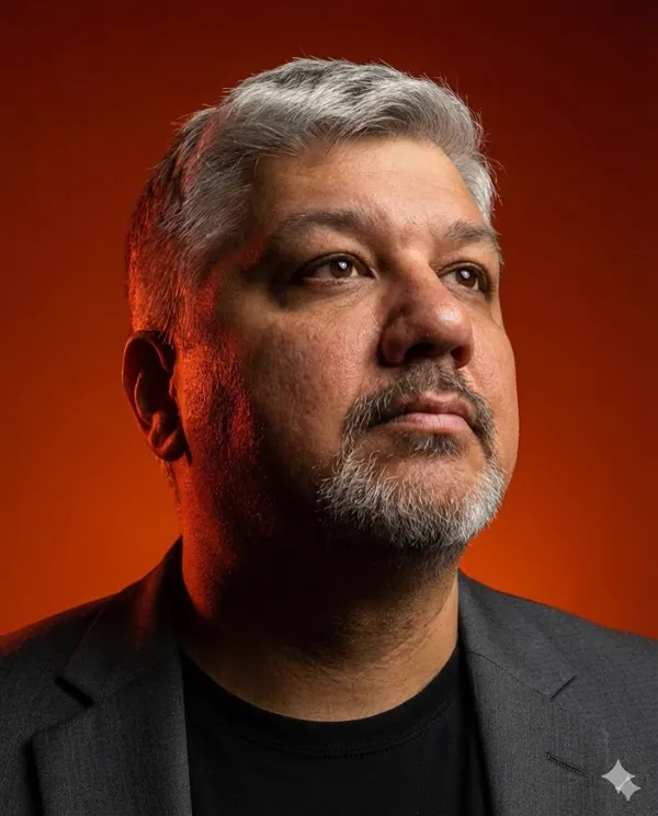 Thiago Ferrari, retrato em três quartos sobre fundo laranja.
