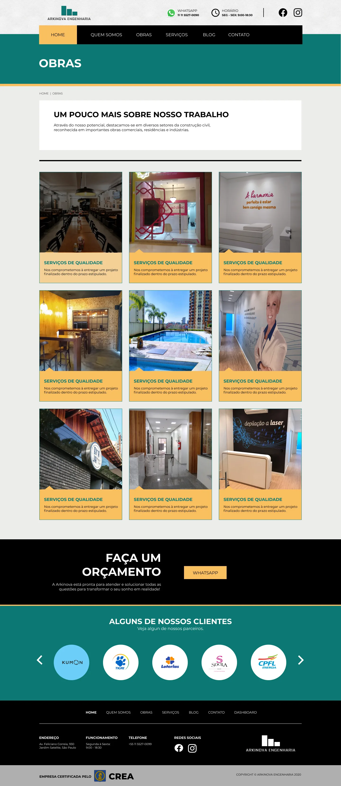 Página de obras do site da Arkinova em desktop.