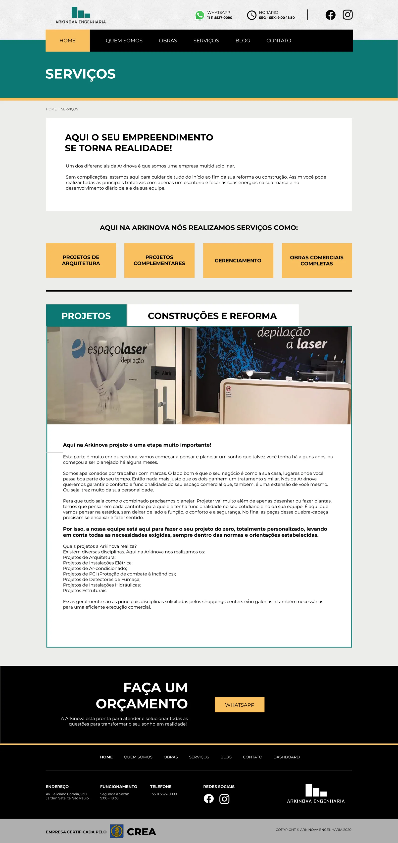 Página de serviços do site da Arkinova em desktop.