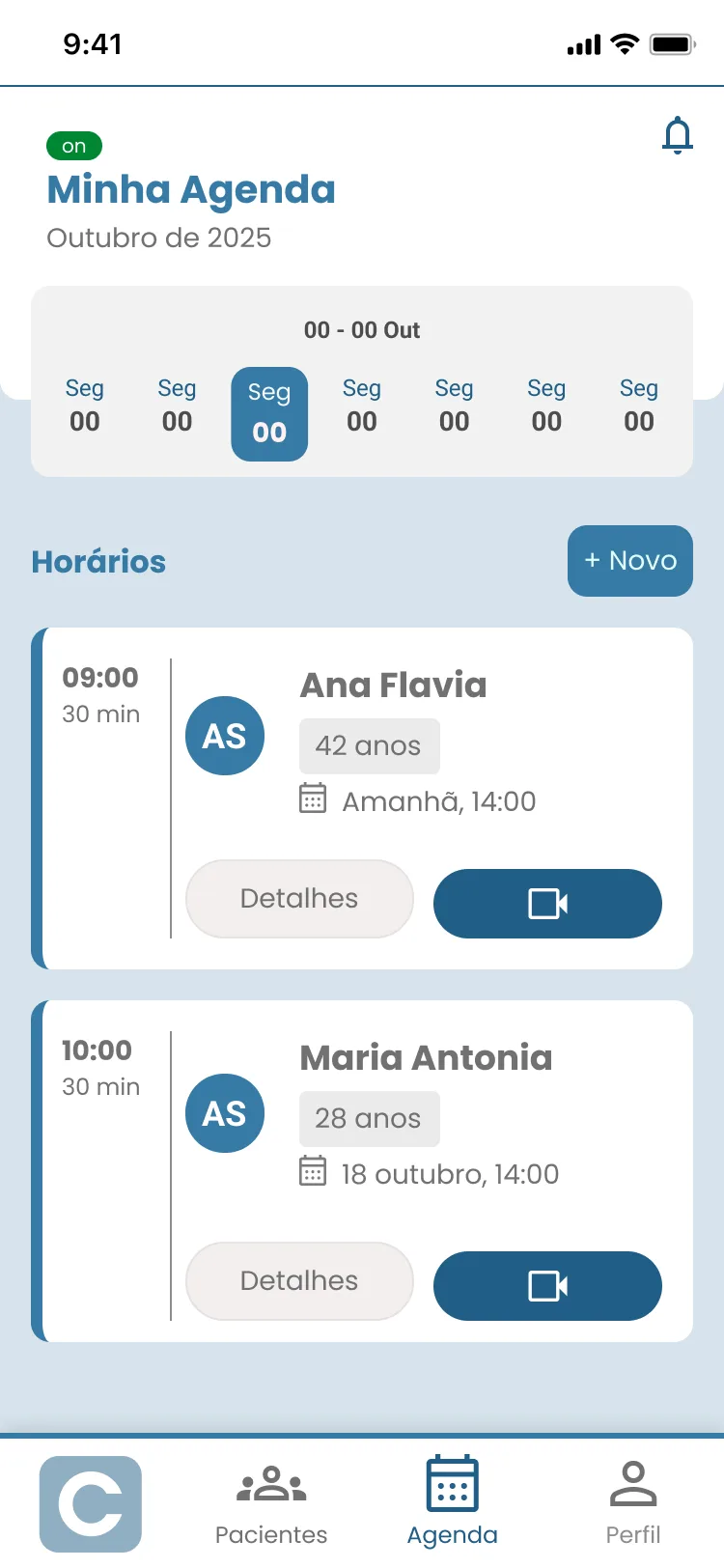 Agenda mensal com horários e consultas organizadas.