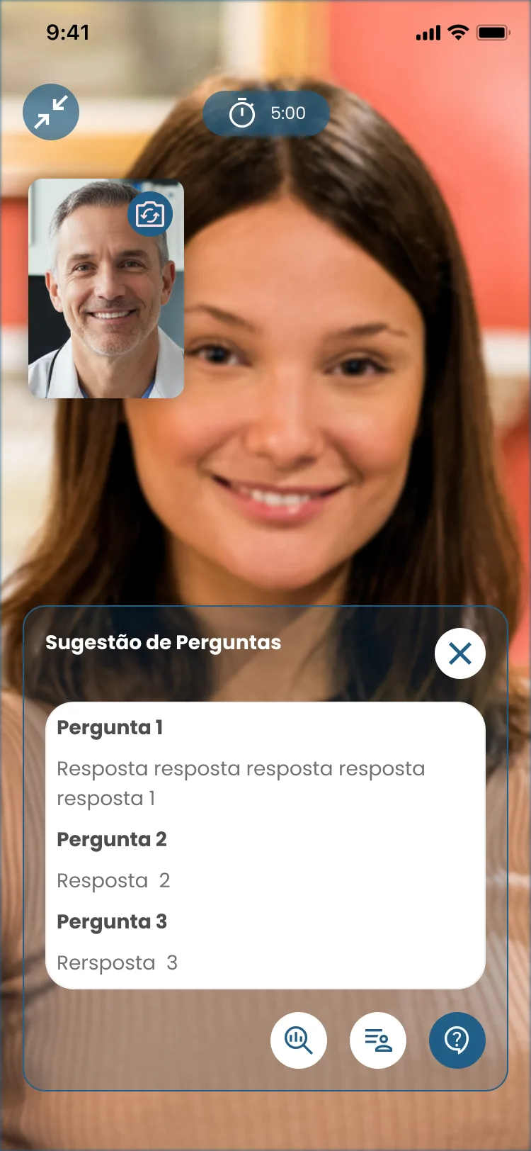 Fluxo de videochamada com perguntas e histórico do paciente.