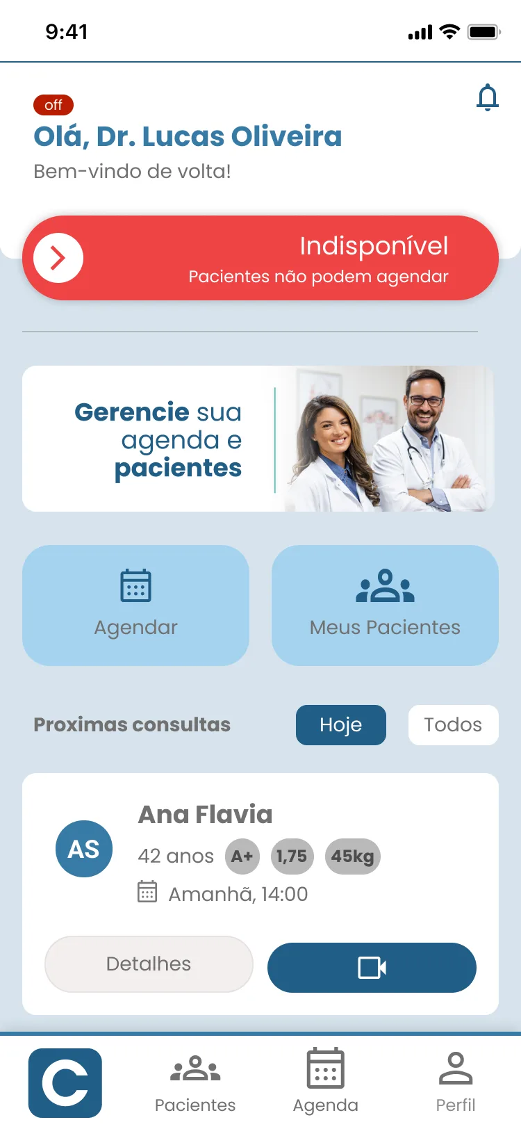 Dashboard do médico com agenda, pacientes e próximas consultas.