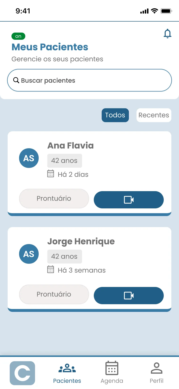 Lista de pacientes com busca, filtros e acesso ao prontuário.