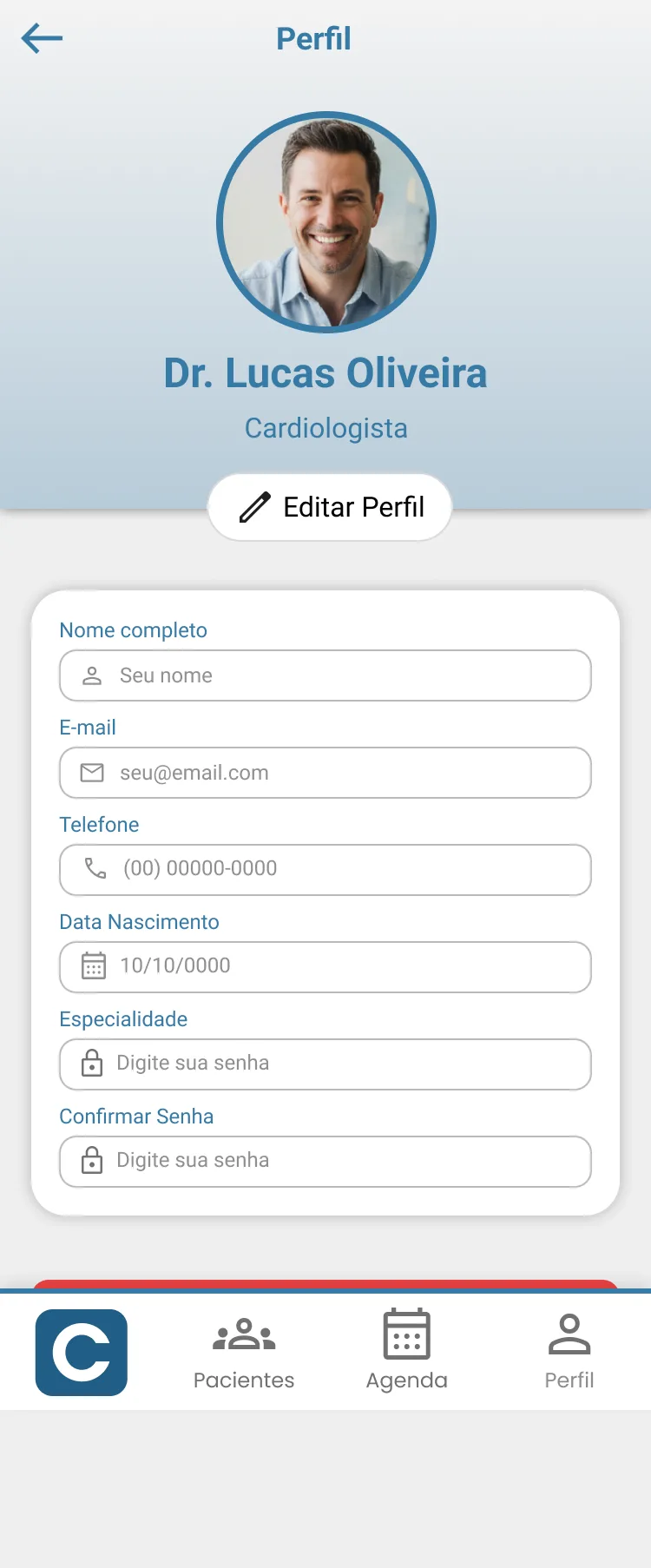 Perfil profissional e dados de configuração do médico.
