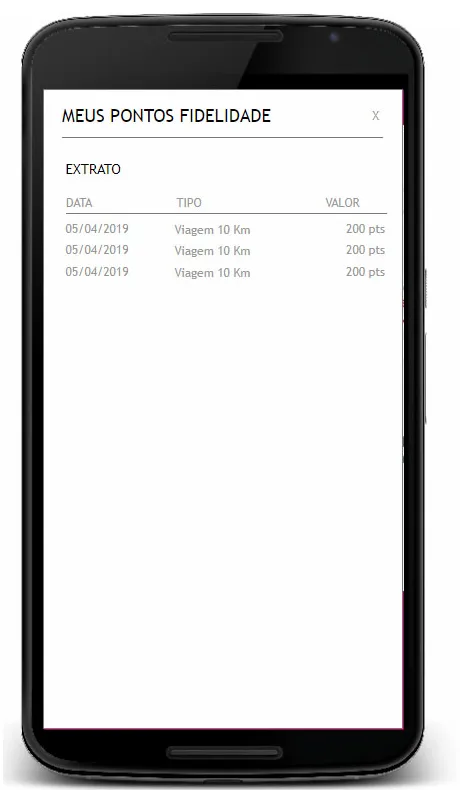 Pontos de fidelidade têm extrato próprio: 10 km de viagem valem 200 pontos.