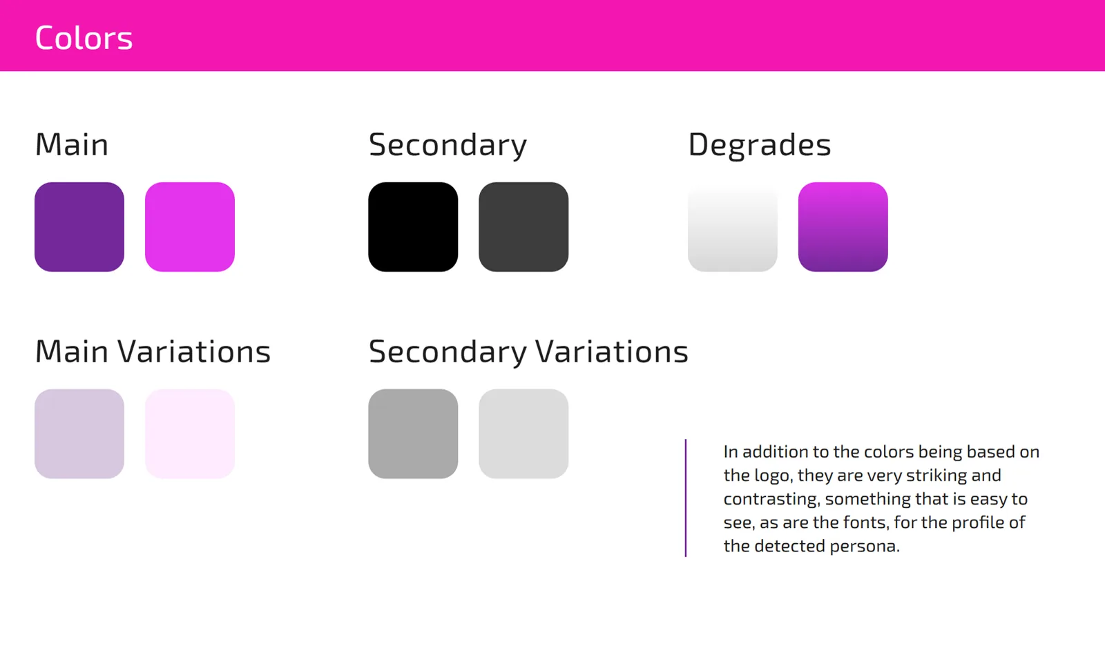 Paleta do produto: roxo e magenta sobre neutros, herdada do logo.