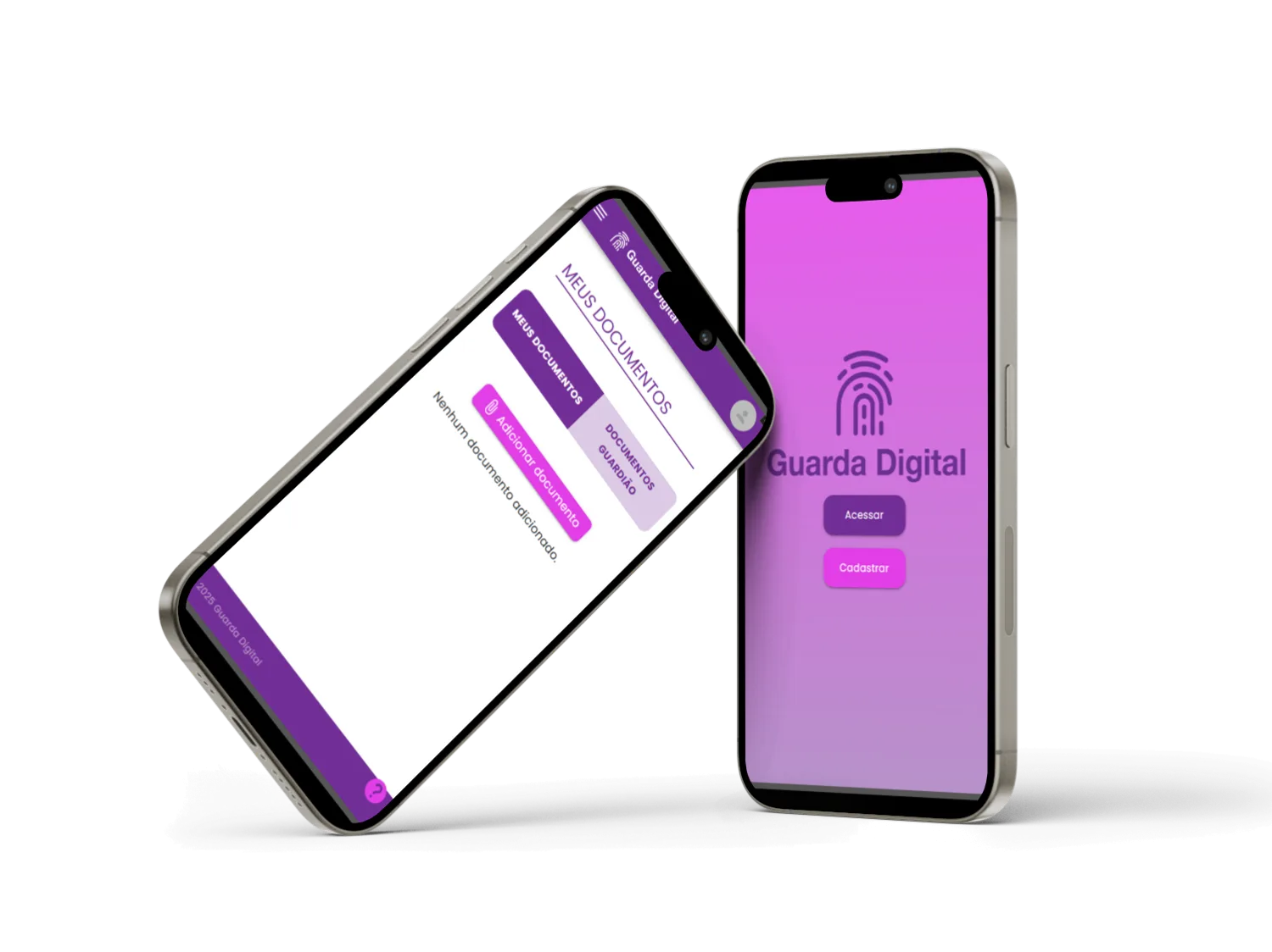Primeira versão adaptada ao mobile: documentos e acesso ao Guarda Digital em mockup de dispositivo.
