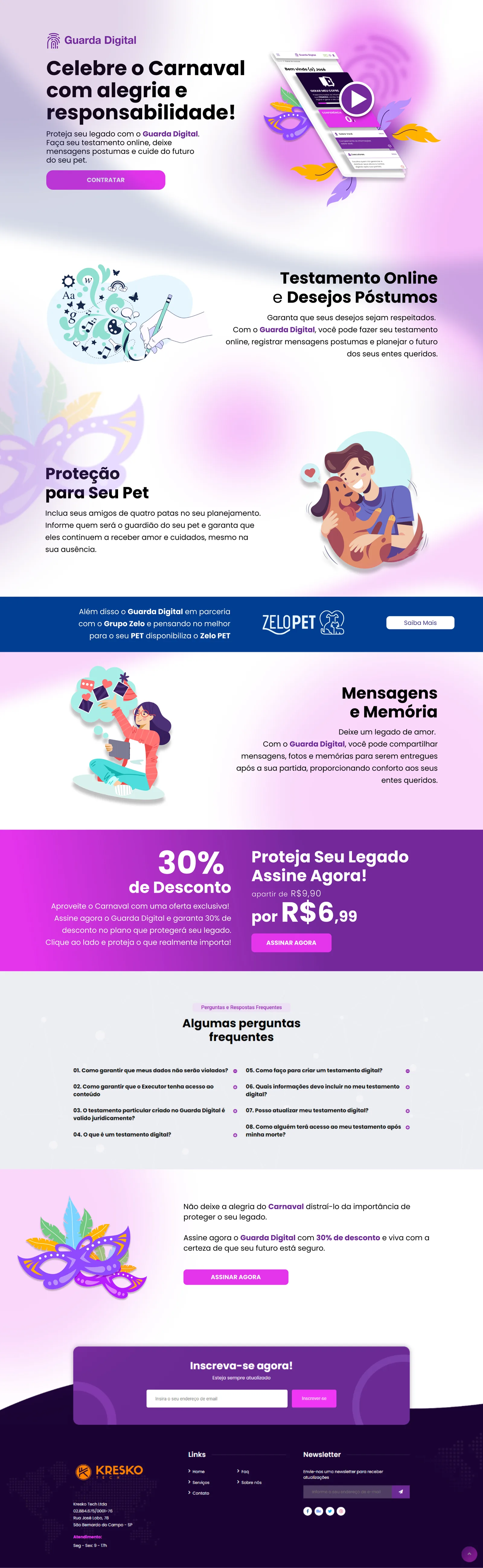Landing page de carnaval do Guarda Digital em desktop.