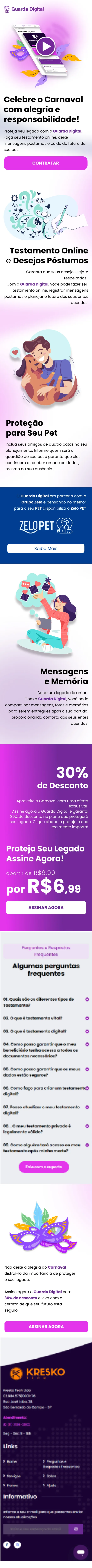 Landing page de carnaval do Guarda Digital em mobile.