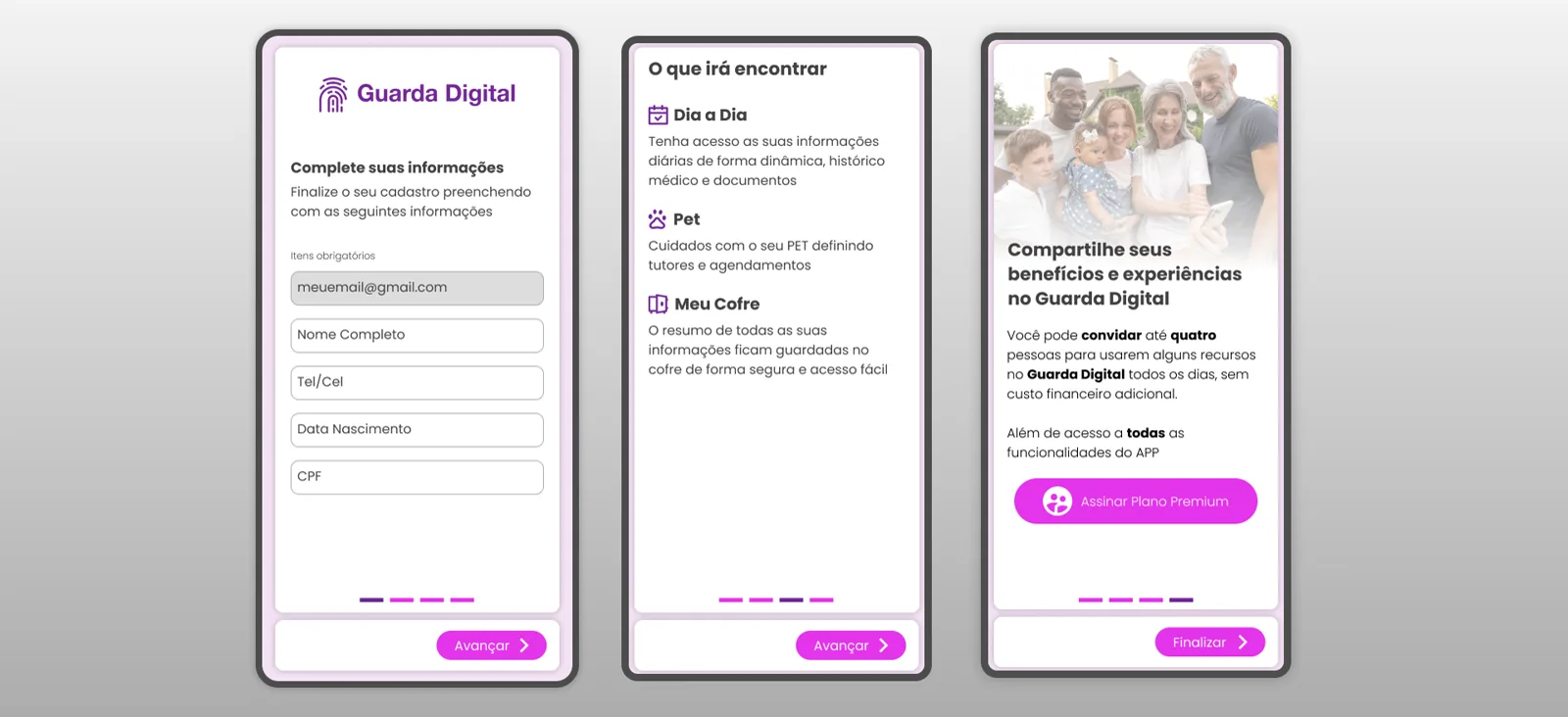 Primeiro acesso em três passos: cadastro curto, tour pelas áreas do app e oferta do plano premium.
