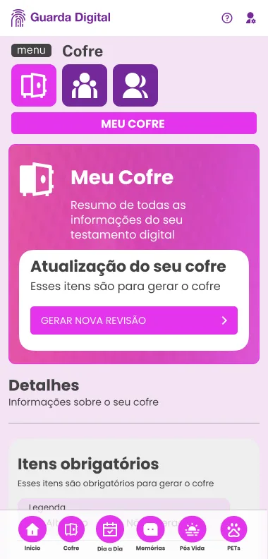 Cofre digital como centro da experiência: itens obrigatórios, revisões e informações protegidas.