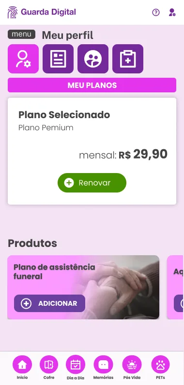 Planos e produtos apresentados dentro do próprio app, com renovação e serviços adicionais.