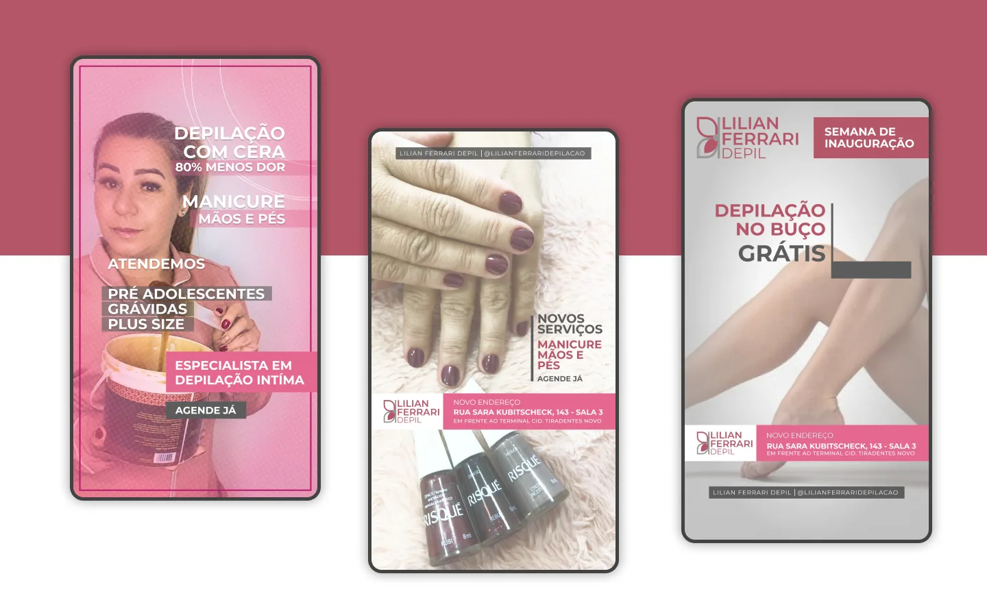 Três peças que abrem o atendimento em duas direções ao mesmo tempo: público (pré-adolescentes, gestantes e plus size, com a especialidade íntima mantida como manchete) e catálogo (manicure e pedicure entram como serviço novo).