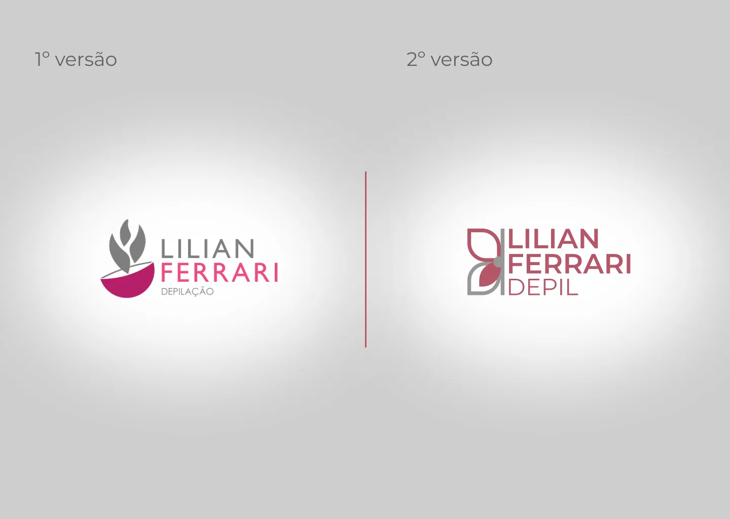 As duas versões do logotipo, lado a lado. A primeira usa uma cuia com folhas; a segunda troca o símbolo por um monograma de D e pétala, encurta a assinatura de DEPILAÇÃO para DEPIL e é a que assina todas as peças de 2023 em diante.