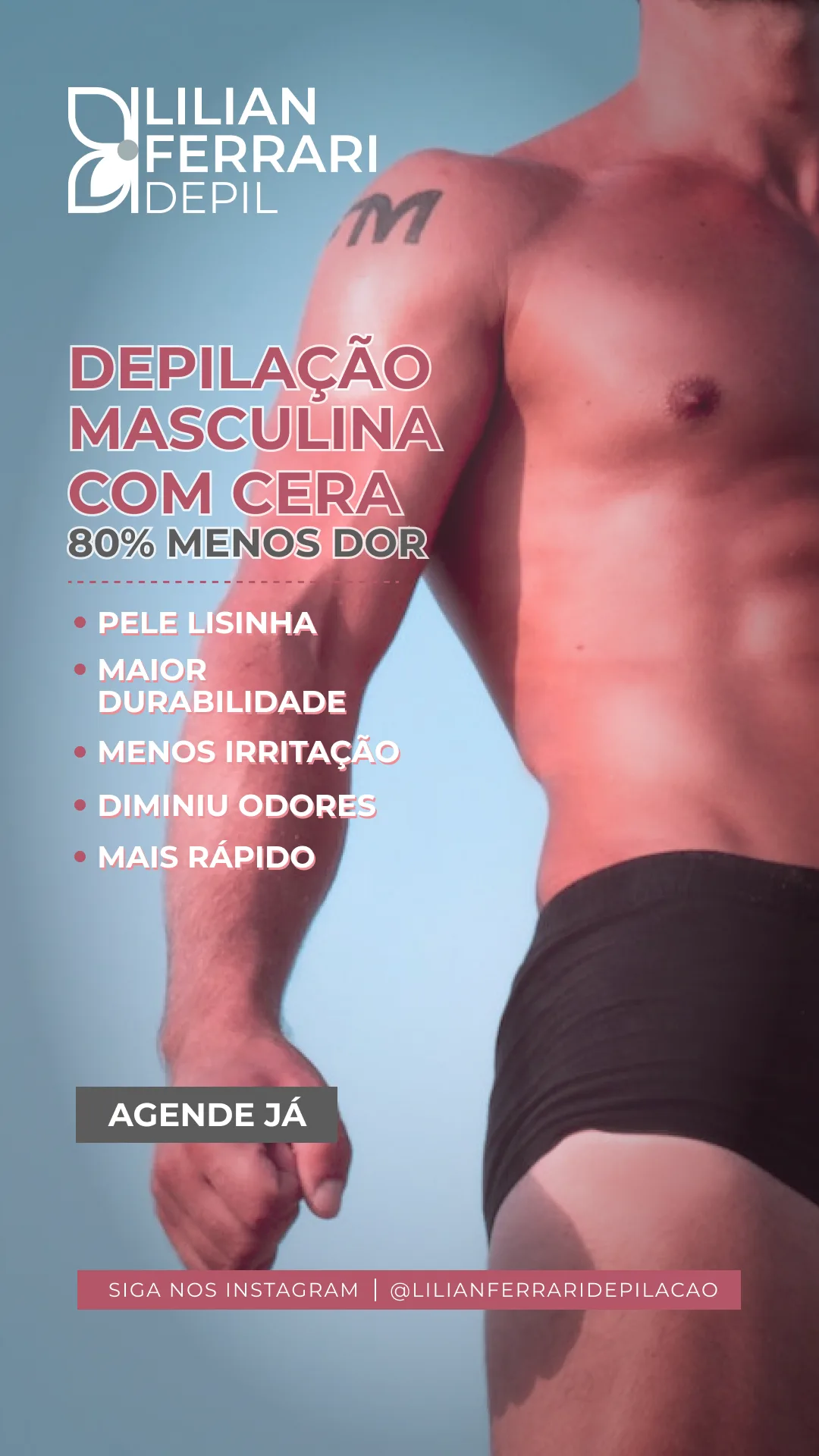 A peça de campanha em arte cheia, no formato de story. Cinco benefícios em lista, um botão de ação e a assinatura da marca no rodapé.