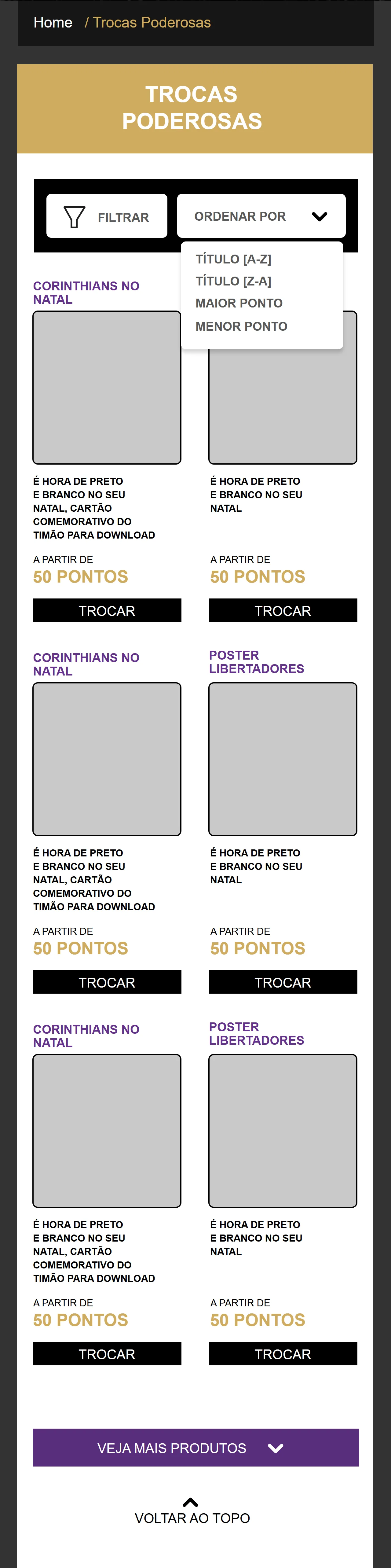 O catálogo redesenhado: dois produtos por linha, filtro recolhido em botão, ordenação em menu e dois botões no fim da página.