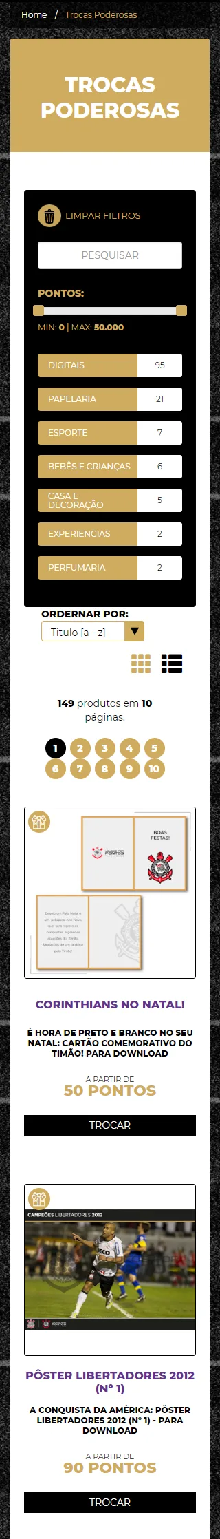 O catálogo em produção, agosto de 2019: o filtro ocupa a tela inteira e cabe um produto por vez — 149 produtos em 10 páginas.