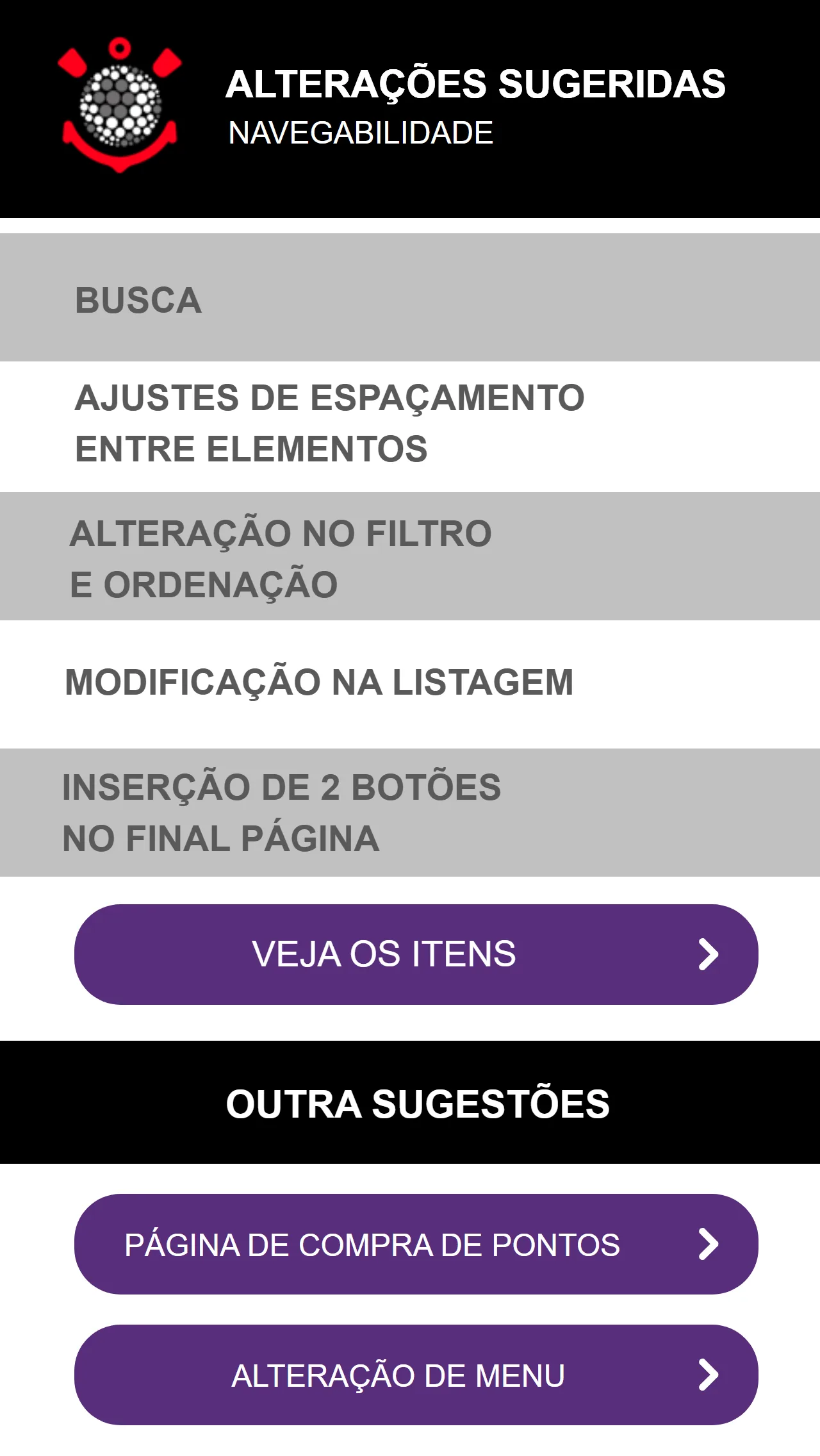 As cinco frentes escritas antes de desenhar — e, embaixo, a página de compra de pontos entrando como sugestão do designer.
