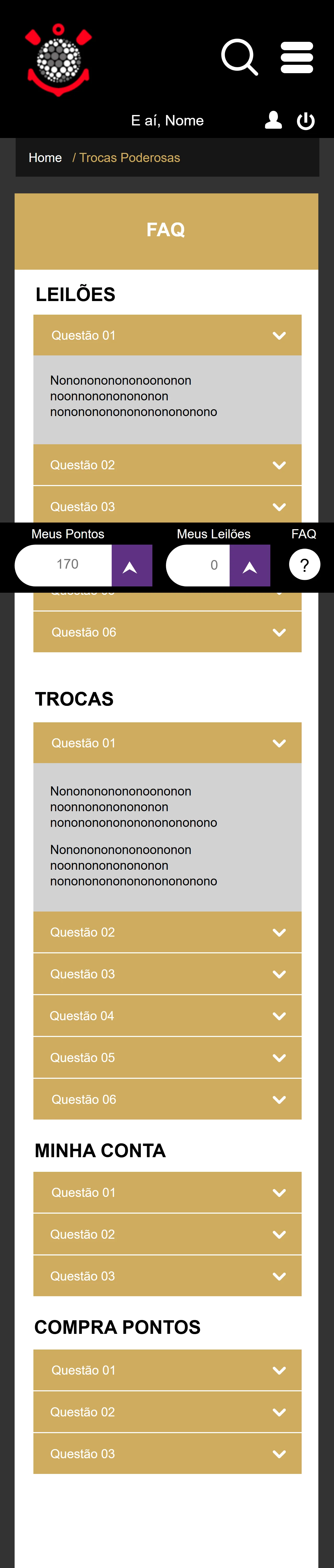 A área de ajuda que não existia, organizada por área do programa: leilões, trocas, minha conta e compra de pontos.