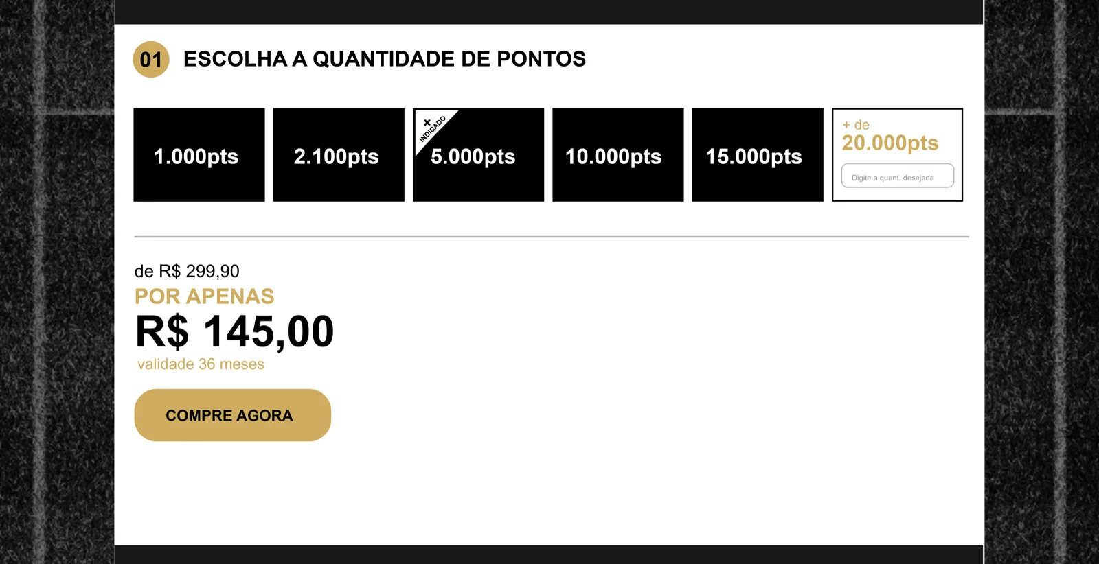 Opção 01: a página existente reorganizada — os pacotes viram pastilhas e o preço reage embaixo.