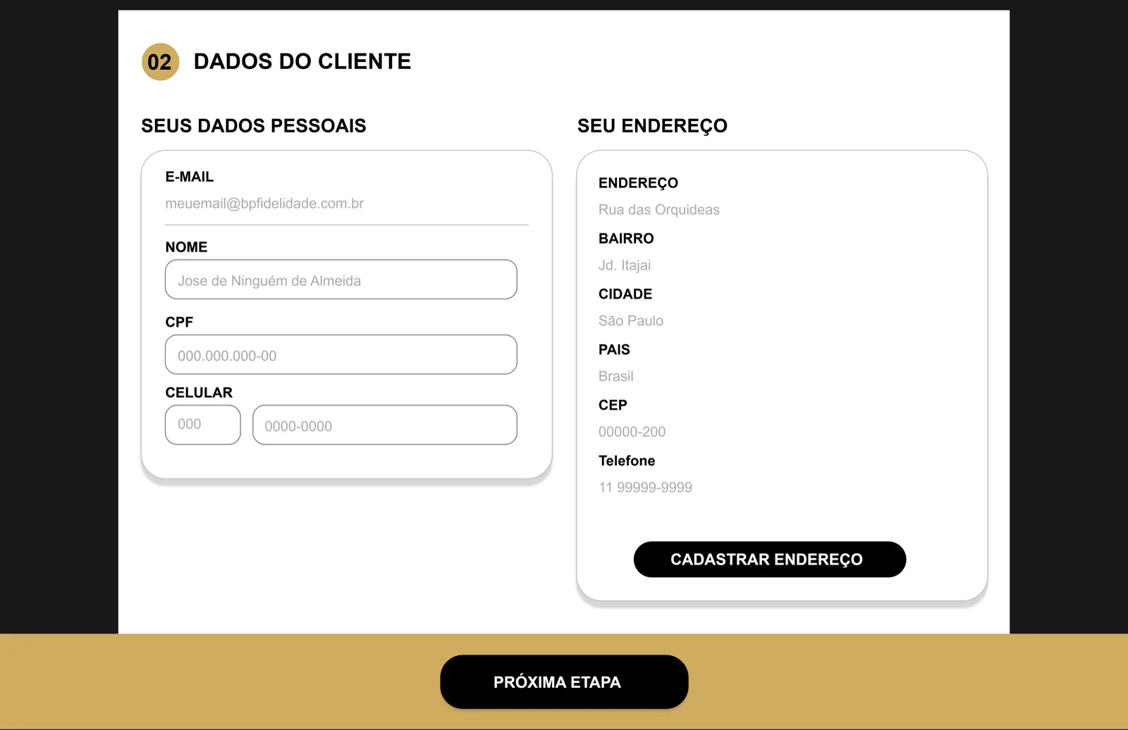 Opção 02, etapa 2: os dados do cliente em duas colunas, dentro da própria página de compra.