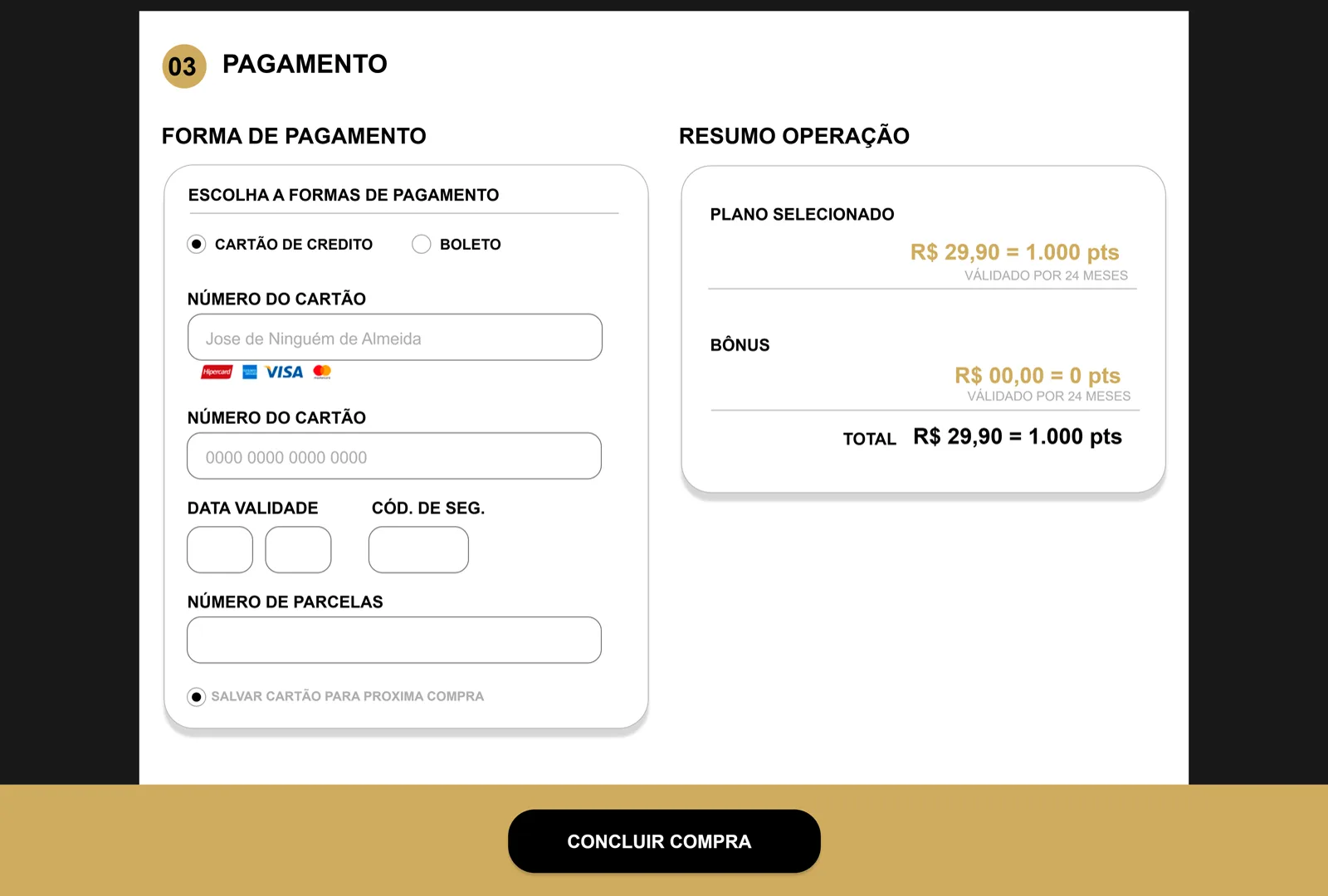 Opção 02, etapa 3: o pagamento acontece na página, com o resumo da operação ao lado — é daí que vem o nome “compra transparente”.