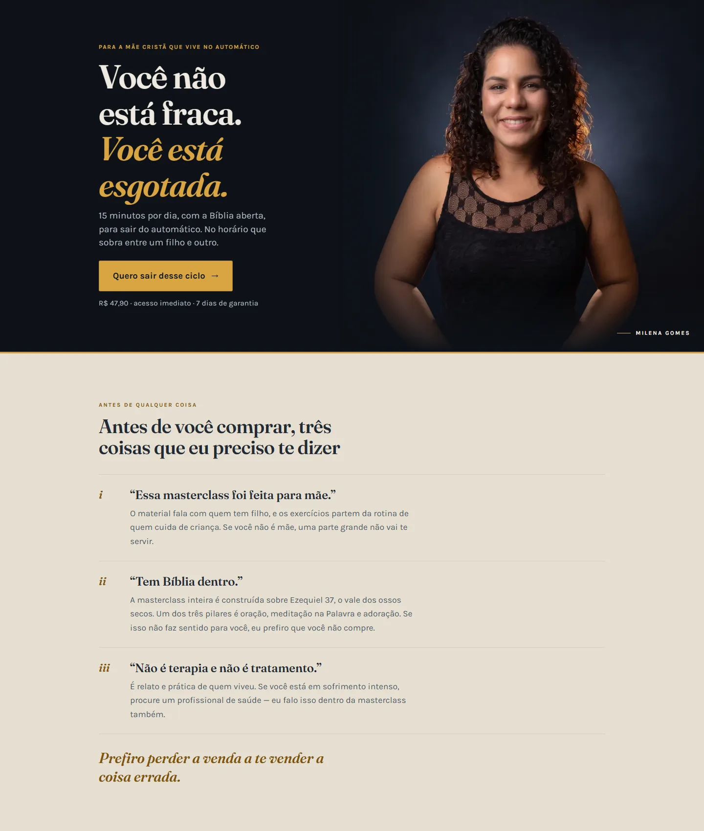 A landing em milena.sejaleve.site: hero com a foto de estúdio, declaração de recorte antes da compra e a oferta de R$ 47,90.
