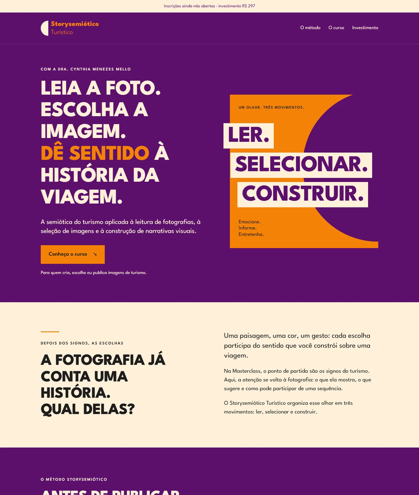 Landing do curso em storysemiotico.semioturismo.art: a nova promessa — \"da foto solta ao story\" — ancorada nos três módulos e no Kit.