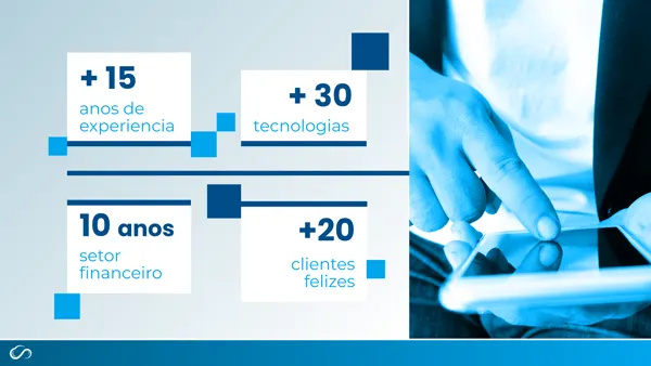 Numeros institucionais da StormClouds: 15 anos, 30 tecnologias, 20 clientes.