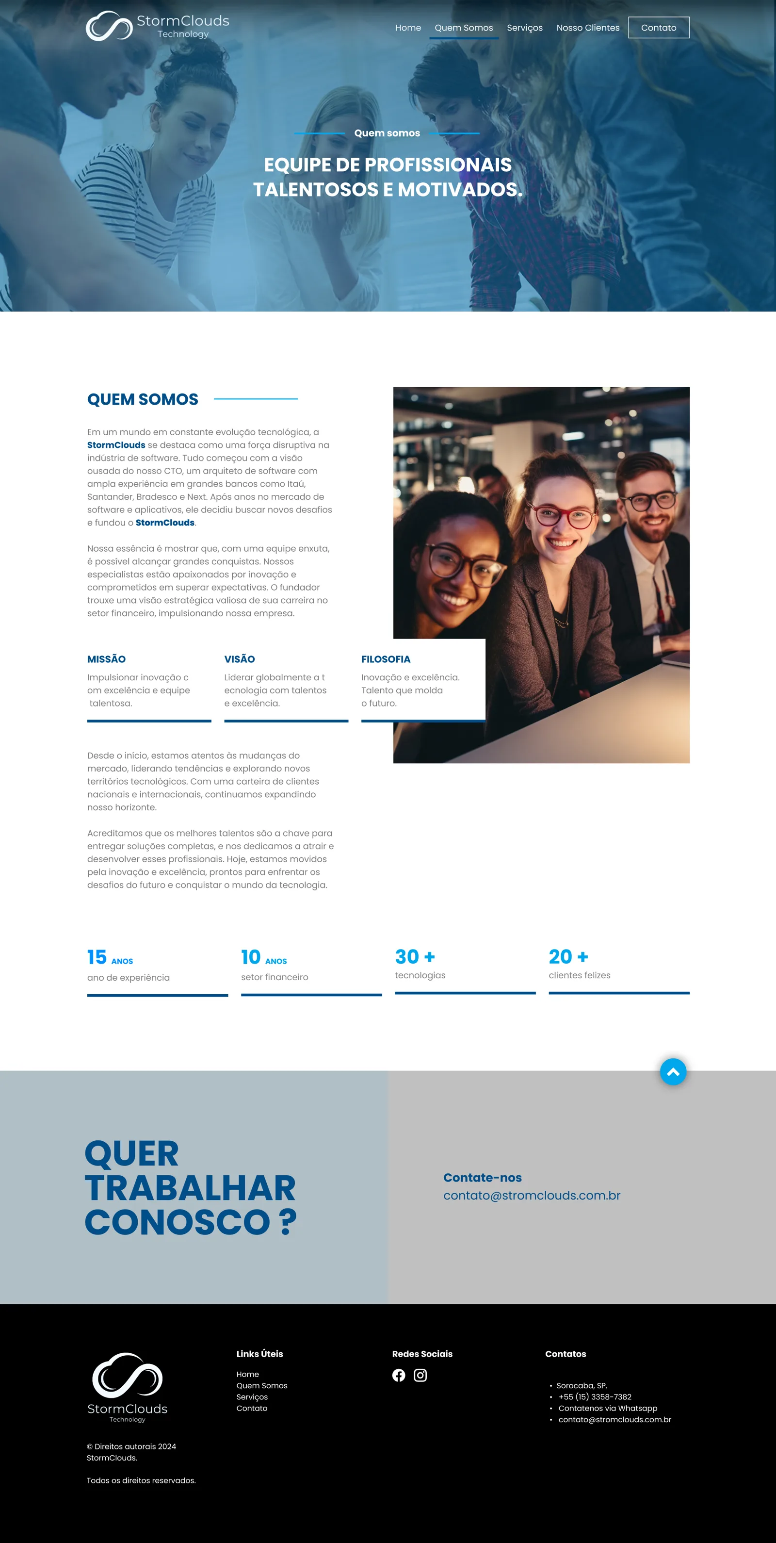 Página Quem Somos do site da StormClouds em desktop.