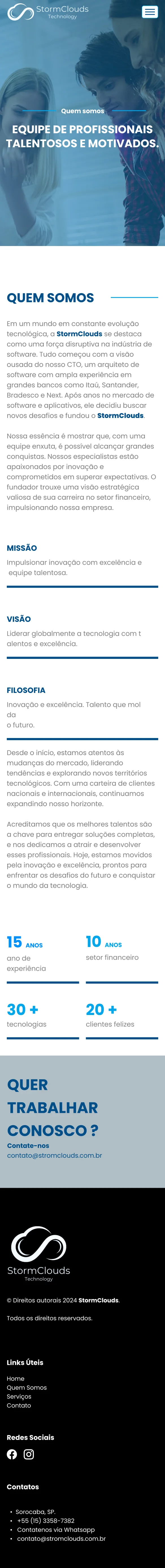 Página Quem Somos do site da StormClouds em mobile.